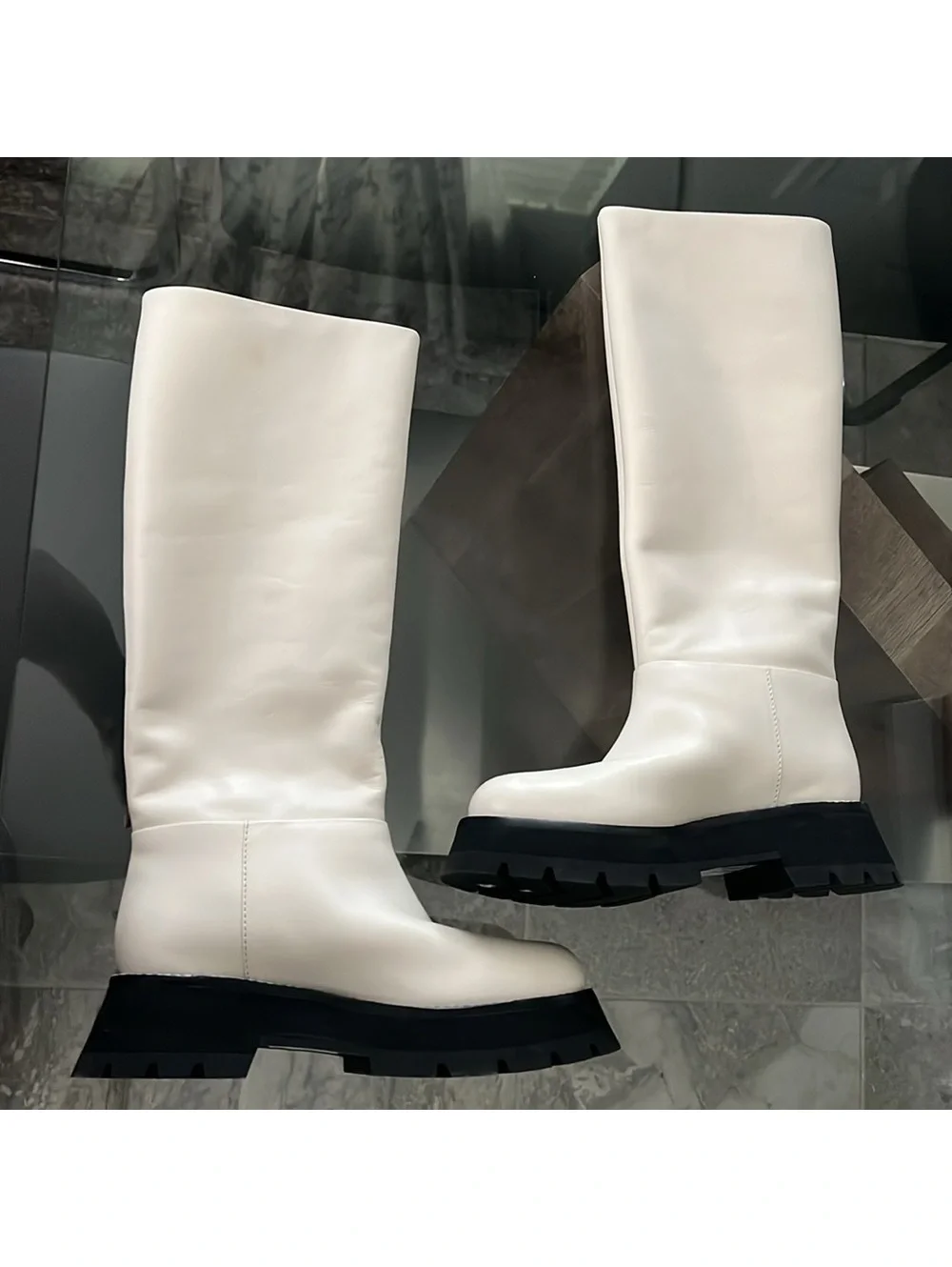 NEW 3.1 Phillip Lim Kate Lug Sole Knee High Boots in Bone/Black, Size 38.5